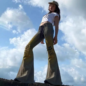 Американски Y2K секси дънки с ниска талия с дантелен дизайн, изпръскани с мастило ретро тънки универсални популярни скъсани панталони