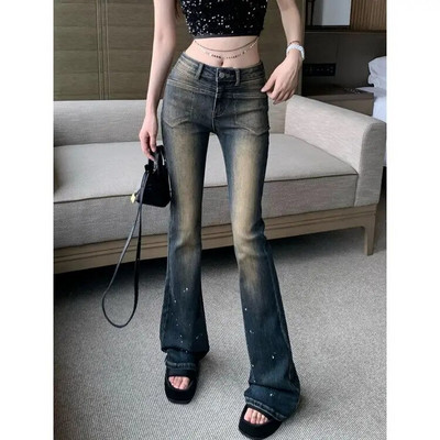 Amerikai Y2K alacsony emelkedésű szexi farmer fűzős dizájn fröccsent tintával szorongatott vintage vékony, sokoldalú népszerű szakadt kiszélesedő nadrág