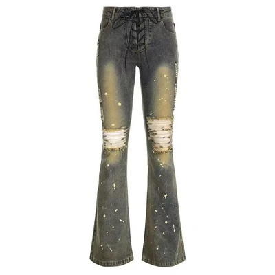 Amerikai Y2K alacsony emelkedésű szexi farmer fűzős dizájn fröccsent tintával szorongatott vintage vékony, sokoldalú népszerű szakadt kiszélesedő nadrág