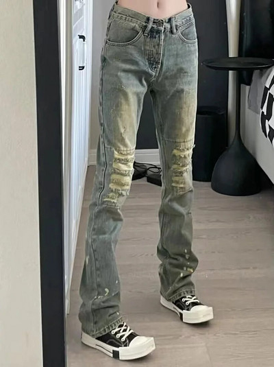 Amerikai Y2K alacsony emelkedésű szexi farmer fűzős dizájn fröccsent tintával szorongatott vintage vékony, sokoldalú népszerű szakadt kiszélesedő nadrág