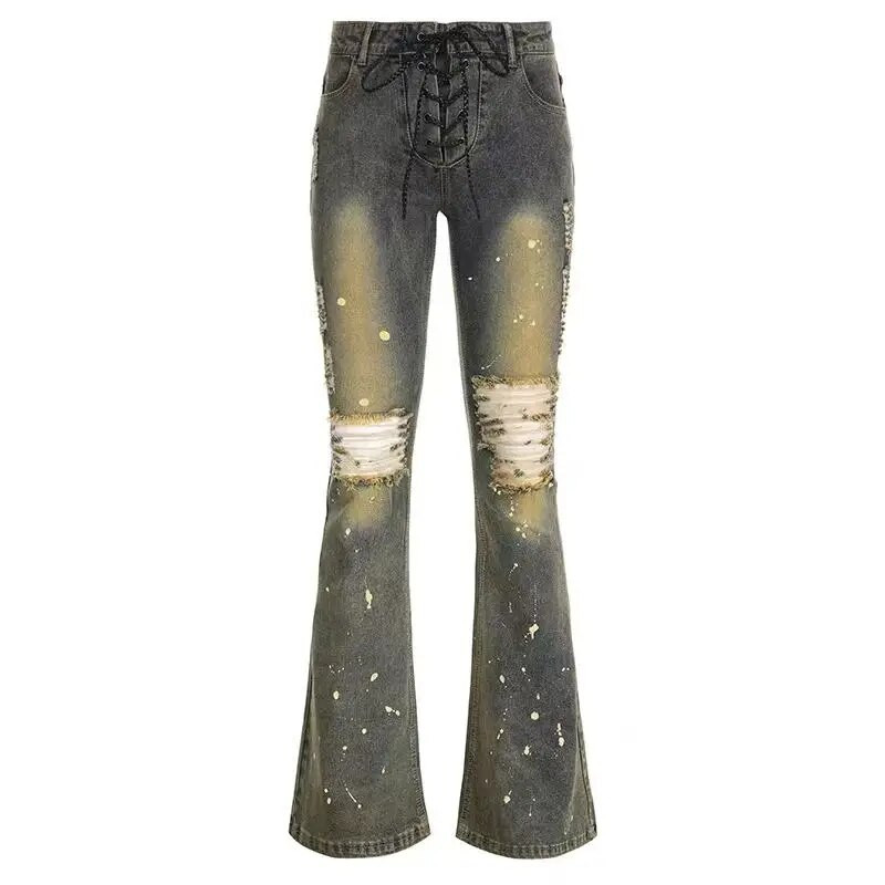 Amerikai Y2K alacsony emelkedésű szexi farmer fűzős dizájn fröccsent tintával szorongatott vintage vékony, sokoldalú népszerű szakadt kiszélesedő nadrág