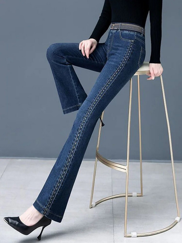 Bočne pruge visokog struka Skinny Flare Jeans Ženske korejske rastezljive traper hlače velike veličine 4xl Ulična odjeća do gležnja Kot Pantolon