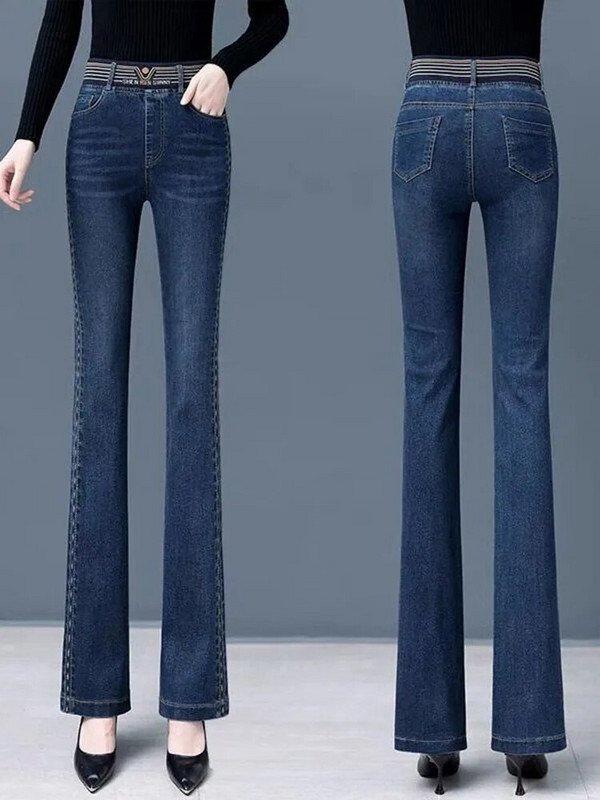 Bočne pruge visokog struka Skinny Flare Jeans Ženske korejske rastezljive traper hlače velike veličine 4xl Ulična odjeća do gležnja Kot Pantolon