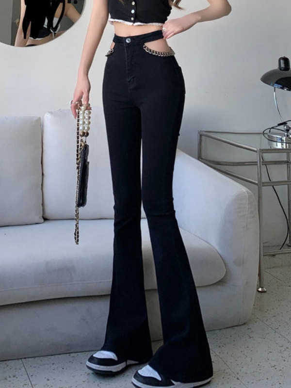 Flare Jeans Ženske Izdubljeni lanac Ulična odjeća Hotsweet Proljetna Visoka struka Cool Moda Ulzzang Višeslojna Jednostavna Ležerna Ženska Novo
