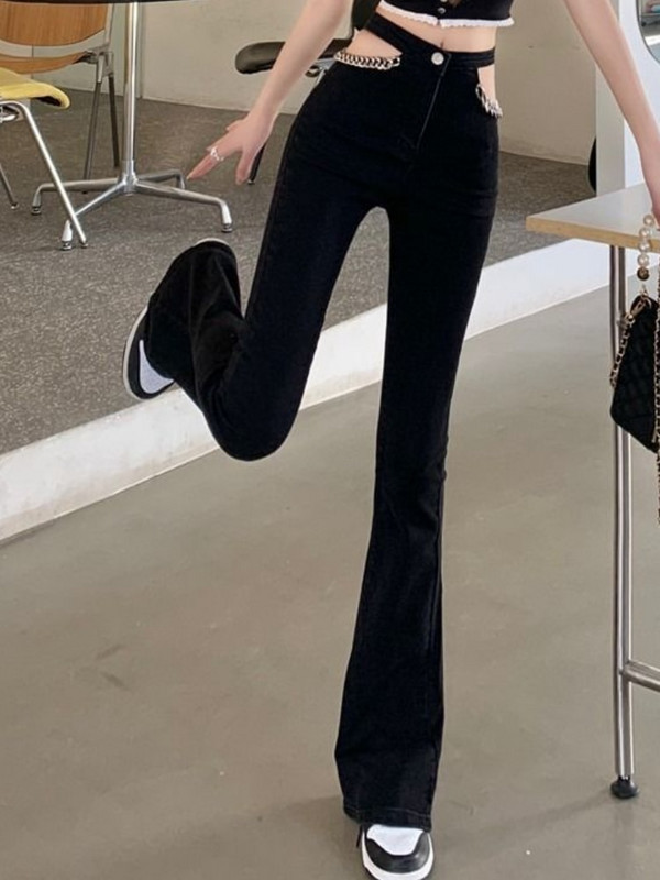 Flare Jeans Ženske Izdubljeni lanac Ulična odjeća Hotsweet Proljetna Visoka struka Cool Moda Ulzzang Višeslojna Jednostavna Ležerna Ženska Novo