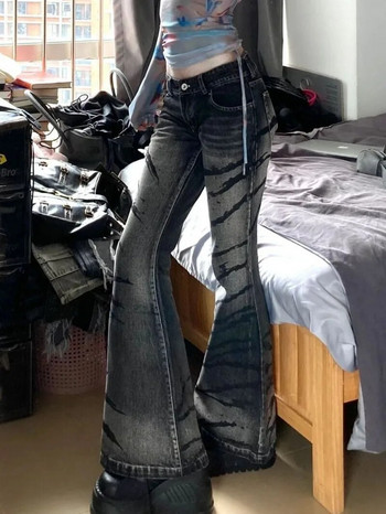 Реколта Washed Thorn Stripe Micro-flared Jeans Women Y2K Streetwear Street Hot Girls Свободни модни прави панталони с висока талия