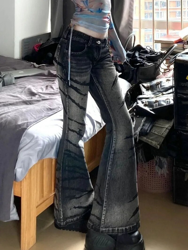 Vintage Πλυμένο Thorn Stripe Micro-flared Jeans Γυναικεία Y2K Streetwear Street Hot Girls Φαρδιά ίσια ψηλόμεση παντελόνια