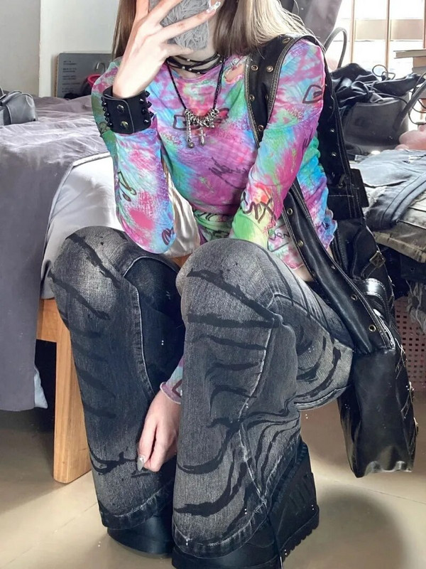 Vintage Πλυμένο Thorn Stripe Micro-flared Jeans Γυναικεία Y2K Streetwear Street Hot Girls Φαρδιά ίσια ψηλόμεση παντελόνια