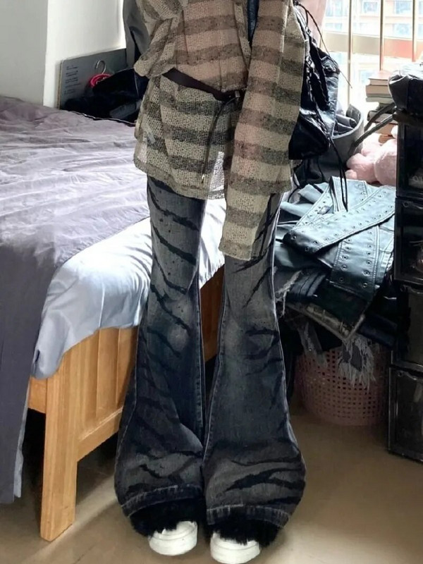 Vintage Πλυμένο Thorn Stripe Micro-flared Jeans Γυναικεία Y2K Streetwear Street Hot Girls Φαρδιά ίσια ψηλόμεση παντελόνια