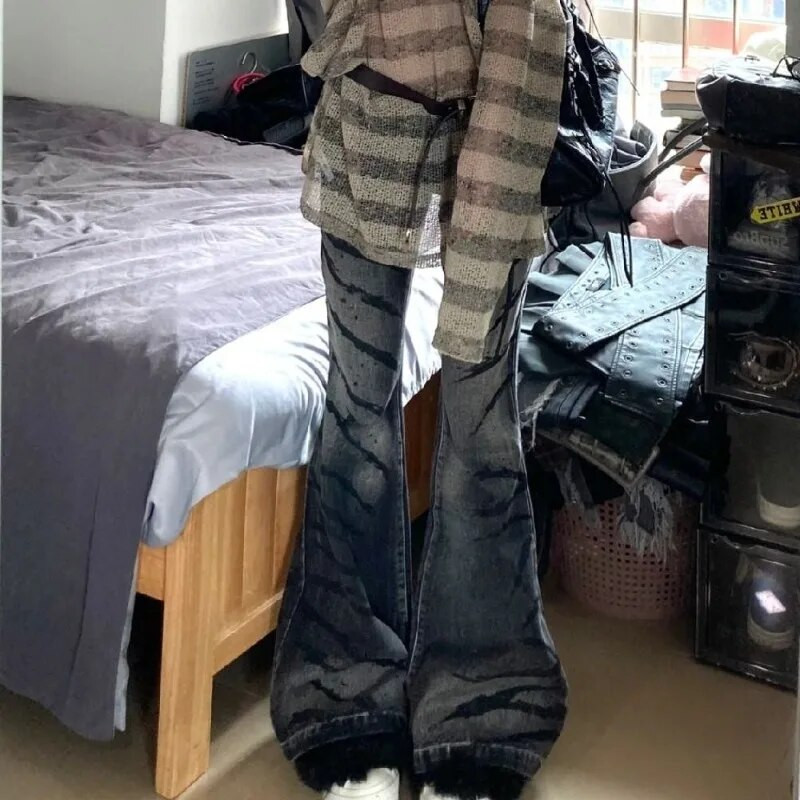 Vintage Πλυμένο Thorn Stripe Micro-flared Jeans Γυναικεία Y2K Streetwear Street Hot Girls Φαρδιά ίσια ψηλόμεση παντελόνια