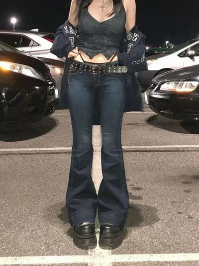 Kalevest Y2K High Street traperice niskog struka Plave ženske hlače Bootcut džepovi Traperice Streetwear Traperice niskog struka Hlače širokih nogavica