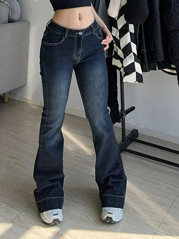 Kalevest Y2K High Street traperice niskog struka Plave ženske hlače Bootcut džepovi Traperice Streetwear Traperice niskog struka Hlače širokih nogavica