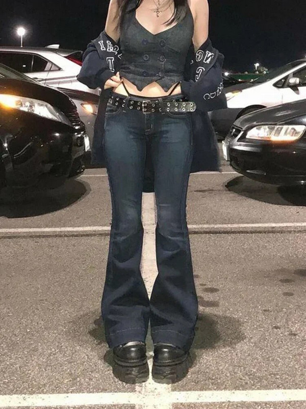 Kalevest Y2K High Street traperice niskog struka Plave ženske hlače Bootcut džepovi Traperice Streetwear Traperice niskog struka Hlače širokih nogavica