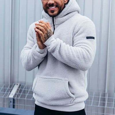 Iarnă Fuzzy Fleece Hanorace calde Hanorace Bărbați Ocazional de pluș cu mâneci lungi Pulover Shaggy cu glugă cu buzunar Îmbrăcăminte de exterior