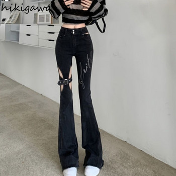 Дънки Harajuku за жени Секси издълбани корейски кльощави панталони 2023 г. Нови долнища с висока талия Модни бродерии Y2k Pantalon Femme