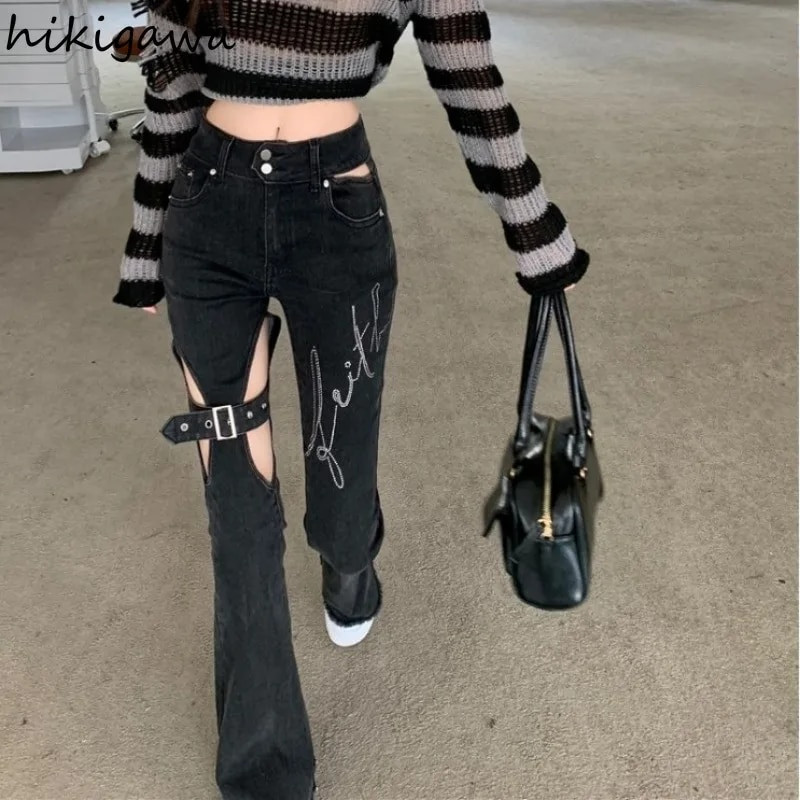 Harajuku traperice za žene Seksi izdubljene korejske široke hlače 2023. Novi donji dio visokog struka s vezom Moda Y2k Pantalon Femme