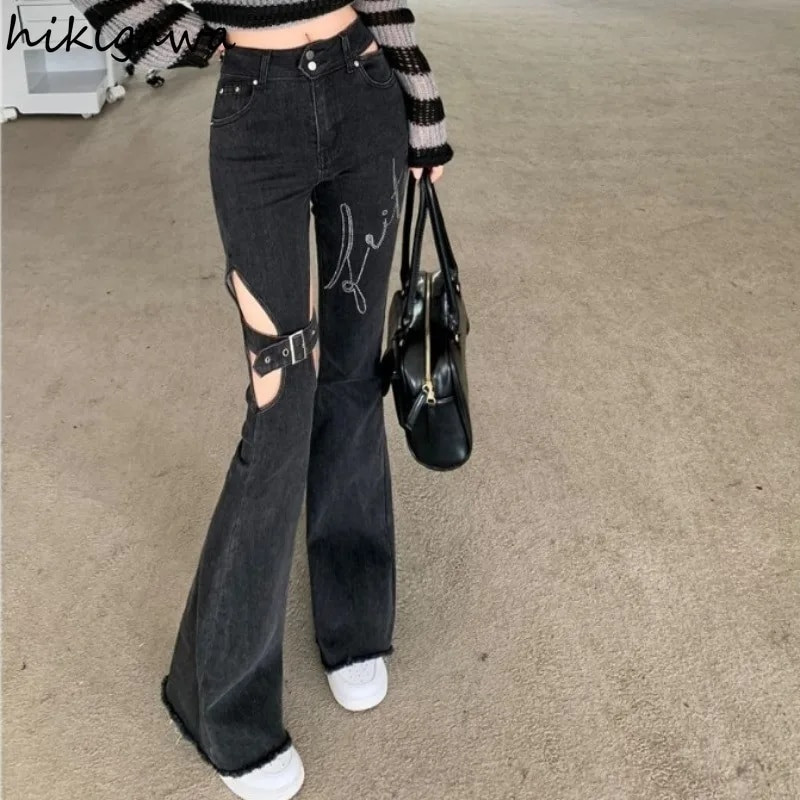 Harajuku traperice za žene Seksi izdubljene korejske široke hlače 2023. Novi donji dio visokog struka s vezom Moda Y2k Pantalon Femme