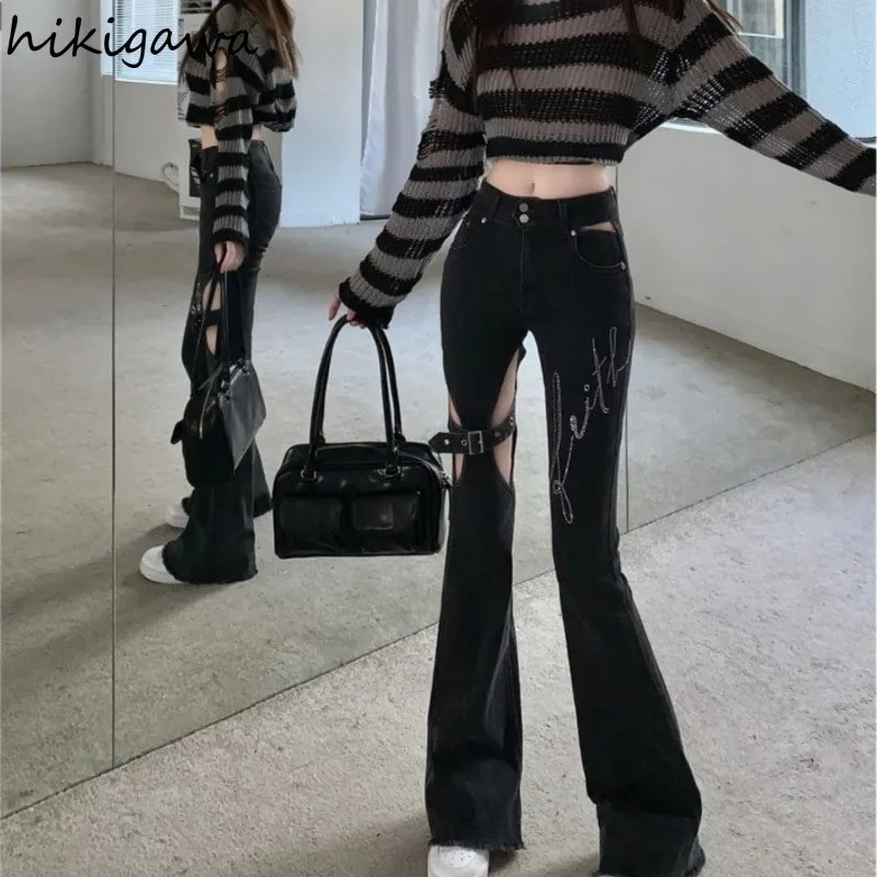 Harajuku traperice za žene Seksi izdubljene korejske široke hlače 2023. Novi donji dio visokog struka s vezom Moda Y2k Pantalon Femme