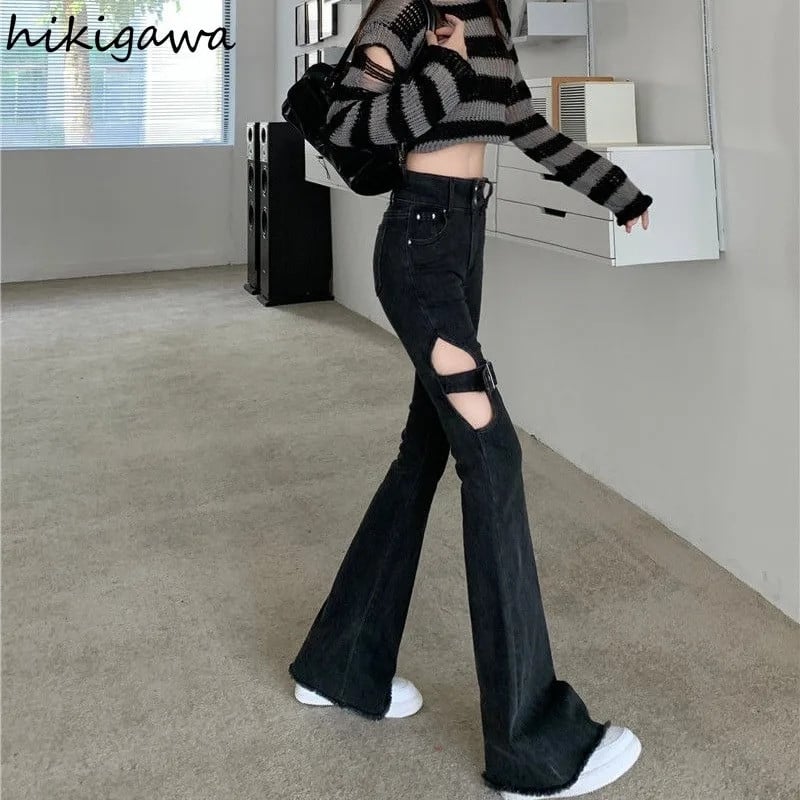 Harajuku traperice za žene Seksi izdubljene korejske široke hlače 2023. Novi donji dio visokog struka s vezom Moda Y2k Pantalon Femme