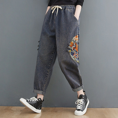 #2230 Blugi harem albastri de epocă pentru femei, broderii cu talie elastică, în stil chinezesc, blugi de damă, până la glezne, denim învechit. 