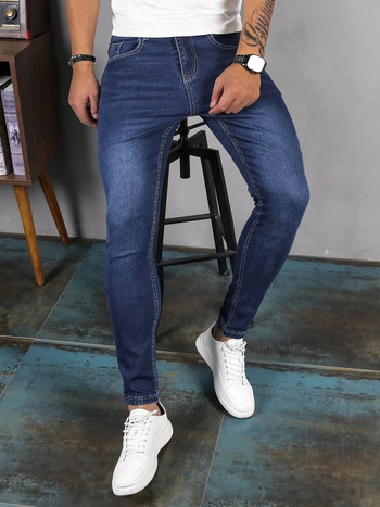 Модни класически сини дънкови панталони за мъже Ежедневни кльощави памучни еластични тънки хип-хоп дънкови панталони Мъжки панталони за джогинг 2023