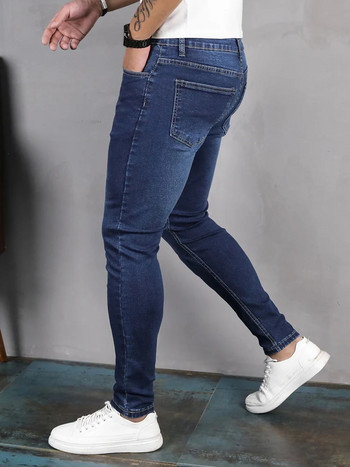 Модни класически сини дънкови панталони за мъже Ежедневни кльощави памучни еластични тънки хип-хоп дънкови панталони Мъжки панталони за джогинг 2023