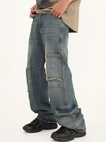 Винтидж дънки Мъжко облекло Едноцветни карго прави панталони с необработени ръбове Широки панталони с много джобове и копчета A003