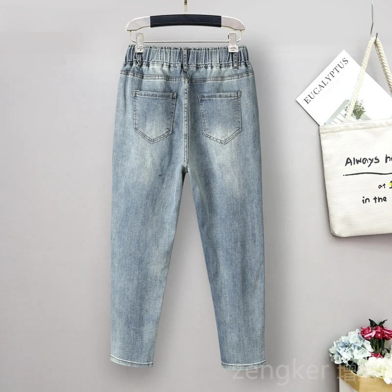 Nyári új nagy méretű farmer női magas derekú vékony tagú kilencpontos hárem kis talpú nadrág plus size nadrág 6XL 5XL