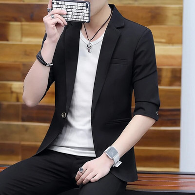 2023. Visokokvalitetni ljetni rukavi sa sedam točaka, lagani zreli vjetar, tanko jedno odijelo u korejskoj verziji, labava muška ležerna majica srednjih rukava