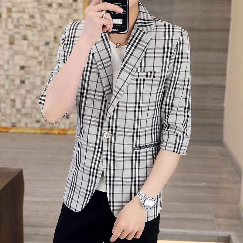 2023. Visokokvalitetni ljetni rukavi sa sedam točaka, lagani zreli vjetar, tanko jedno odijelo u korejskoj verziji, labava muška ležerna majica srednjih rukava