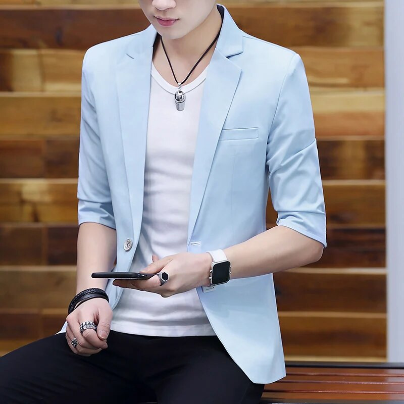 2023. Visokokvalitetni ljetni rukavi sa sedam točaka, lagani zreli vjetar, tanko jedno odijelo u korejskoj verziji, labava muška ležerna majica srednjih rukava