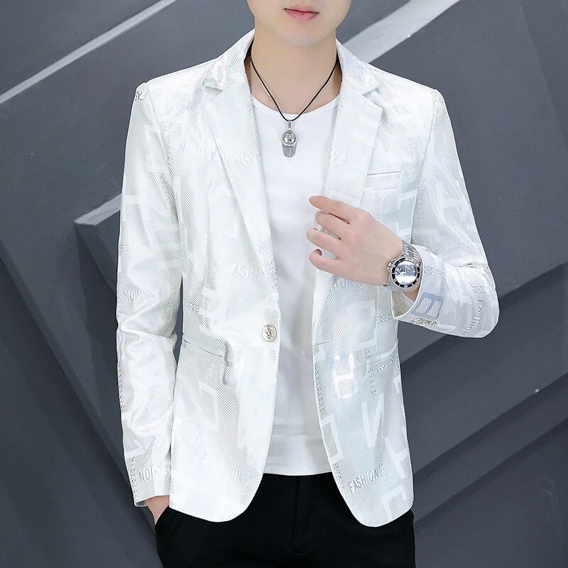 Meeste kirjatrükk Slim Fit bleiserid Kvaliteetne mood vabaaja peigmehe pidulik kleit ülikond jakk bleiserid brändi meeste riided