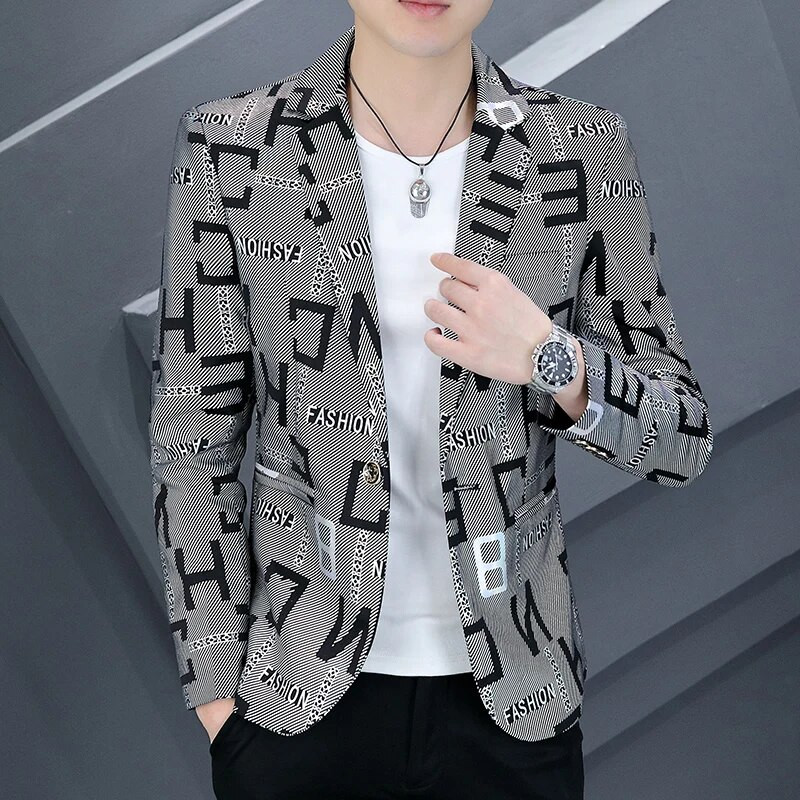 Meeste kirjatrükk Slim Fit bleiserid Kvaliteetne mood vabaaja peigmehe pidulik kleit ülikond jakk bleiserid brändi meeste riided