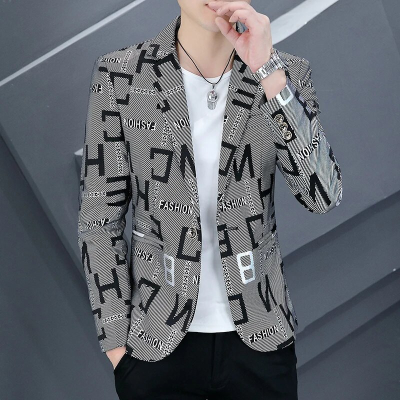 Meeste kirjatrükk Slim Fit bleiserid Kvaliteetne mood vabaaja peigmehe pidulik kleit ülikond jakk bleiserid brändi meeste riided