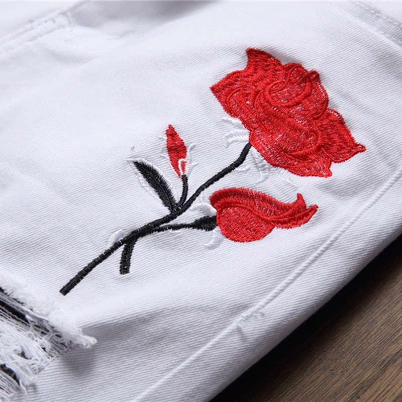 Férfi rózsa hímzés fehér farmer farmer divat lyukak szakadt sztreccs nadrág hímzett vékony vékony nadrág