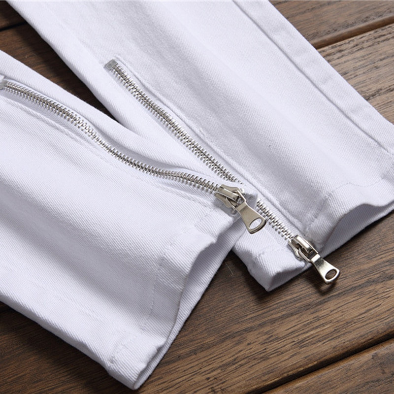 Férfi rózsa hímzés fehér farmer farmer divat lyukak szakadt sztreccs nadrág hímzett vékony vékony nadrág