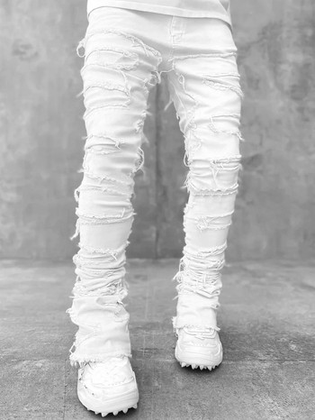 Модни есенни Y2K дънки за мъже Едноцветни разтегливи дънкови панталони с кръпки Улично облекло High Street Мъжки дънкови панталони с прави крачоли