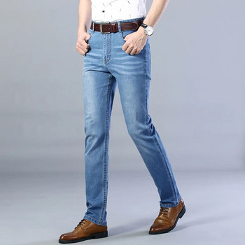 2023 Пролет/лято Класически джобни мъжки подходящи прави тънки дънки Памучен еластичен средна талия Ежедневни бизнес олекотени панталони