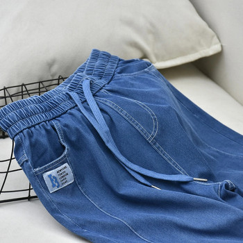 Летни дамски тънки дънки 2023 Нови свободни тънки прави панталони Корейска мода Сини дънкови панталони с шнур с висока талия Ice Silk