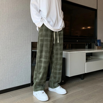 Korean Fashion Men`s Checkered Casual Pants Loose Straight Wide Leg Streetwear Trousers 2023 Y2k Hip Hop Sweatpants New for Male
