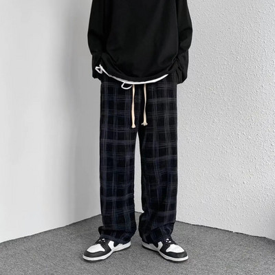 Korejske modne muške kockaste ležerne hlače široke ravne široke ulične hlače 2023 Y2K Hip Hop trenirke Novo za muškarce