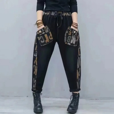 Ženske traperice 2022. Jesen Zima Nove široke hlače s tiskanim slovima na zapadu Ženske graciozne modne harem hlače s šavovima A730