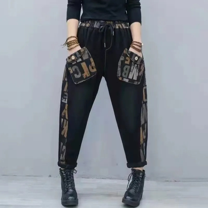 Ženske traperice 2022. Jesen Zima Nove široke hlače s tiskanim slovima na zapadu Ženske graciozne modne harem hlače s šavovima A730