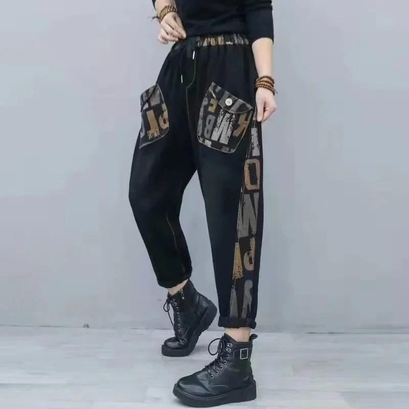 Ženske traperice 2022. Jesen Zima Nove široke hlače s tiskanim slovima na zapadu Ženske graciozne modne harem hlače s šavovima A730