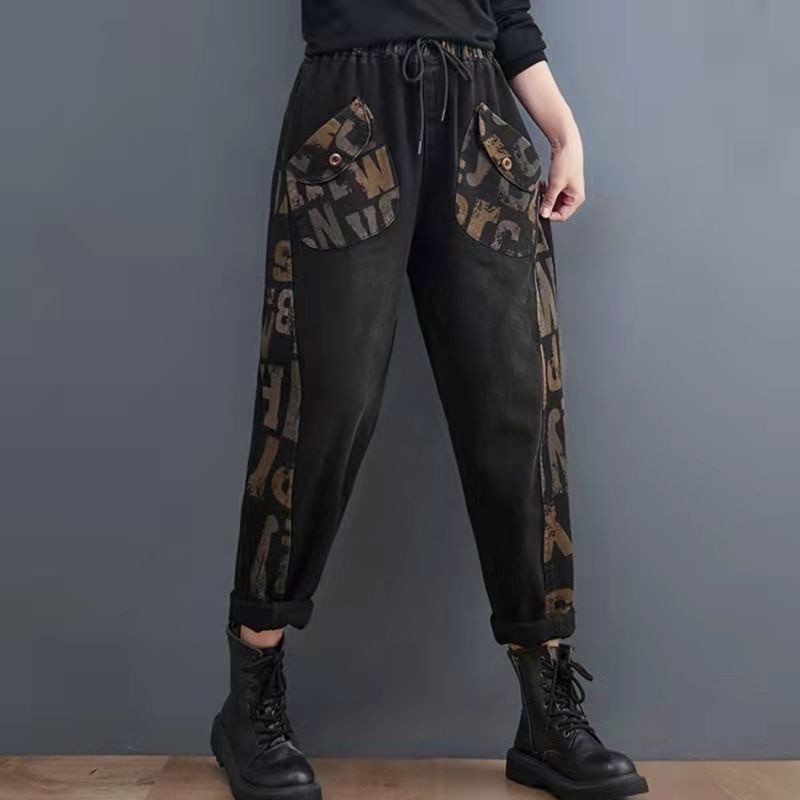 Ženske traperice 2022. Jesen Zima Nove široke hlače s tiskanim slovima na zapadu Ženske graciozne modne harem hlače s šavovima A730