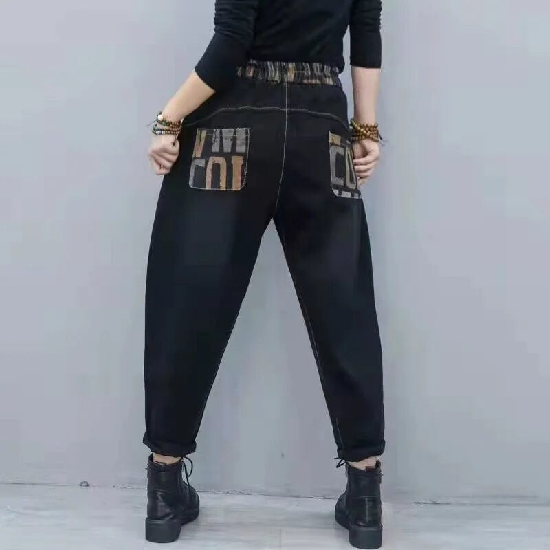 Ženske traperice 2022. Jesen Zima Nove široke hlače s tiskanim slovima na zapadu Ženske graciozne modne harem hlače s šavovima A730