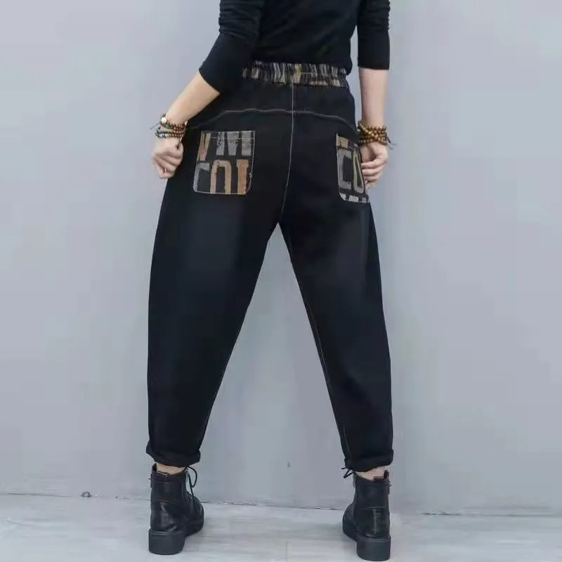 Ženske traperice 2022. Jesen Zima Nove široke hlače s tiskanim slovima na zapadu Ženske graciozne modne harem hlače s šavovima A730