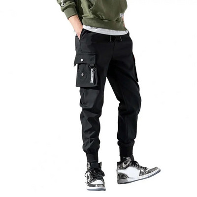 Talie elastică cu înălțime mijlocie Manșete contractabile cu șnur Pantaloni de trening pentru bărbați Cu buzunare multiple Culoare uni Pantaloni cargo casual