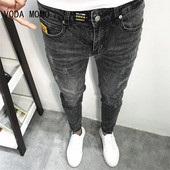 Îmbrăcăminte de stradă Hip Hop Bărbați Foarte slabi Blugi din denim stretch rupti Pantaloni Slim Fit Negru Alb Albastru închis Blugi albastru deschis