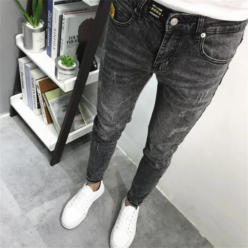 Îmbrăcăminte de stradă Hip Hop Bărbați Foarte slabi Blugi din denim stretch rupti Pantaloni Slim Fit Negru Alb Albastru închis Blugi albastru deschis